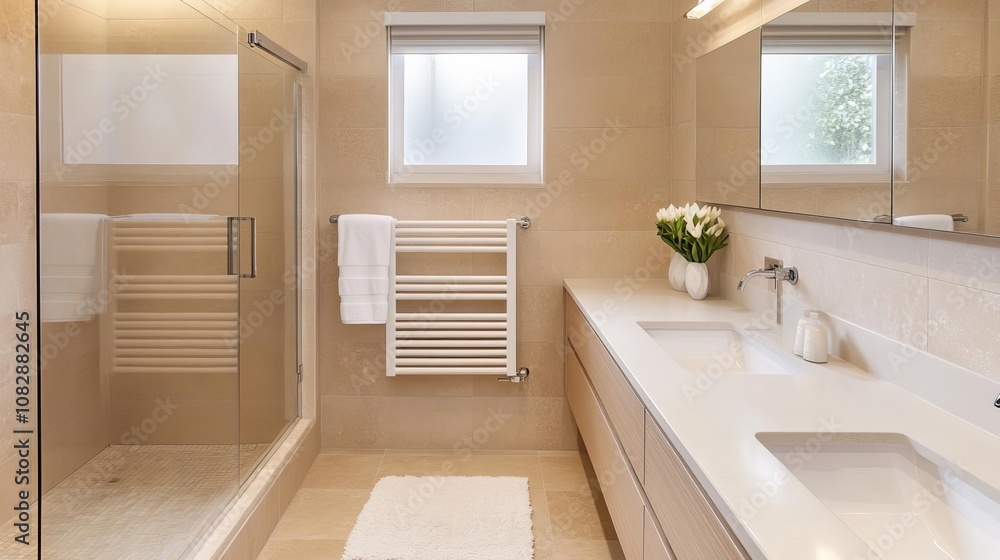 Luxurious bathroom with heated towel rack, floating vanity, quartz counters, elegant details Luxurious bathroom with heated towel rack, floating vanity, quartz counters, elegant details