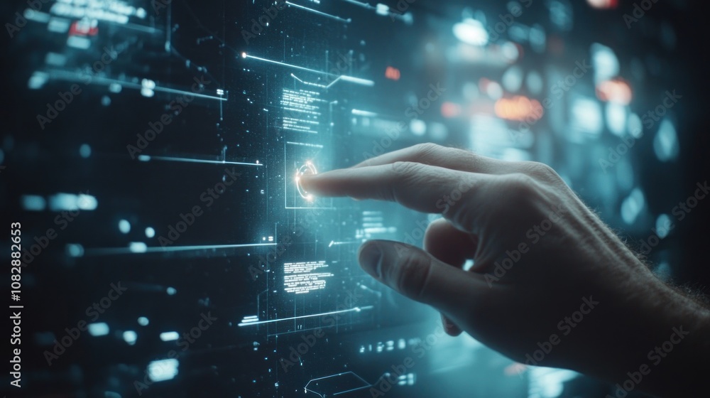 Futuristic Technology: Hand Interacting with Holographic Interface Futuristic Technology: Hand Interacting with Holographic Interface