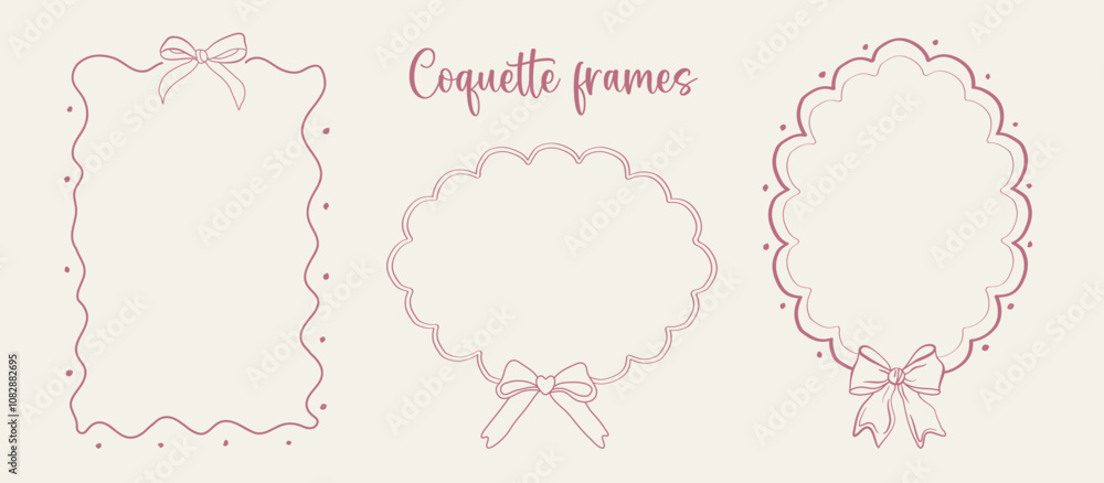 Coquette frame with ribbon bow. Vector Hand drawn Illustration of bow frame. Coquette frame with ribbon bow. Vector Hand drawn Illustration of bow frame.
