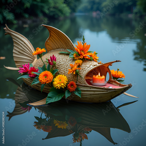 A beautiful decorative fish shaped floating offering adorned with flowers and candles on tranquil water, photography of still life concept. photo