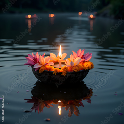 A tranquil scene of floating lotus and candle offerings on still water at dusk, photography of still life concept. photo