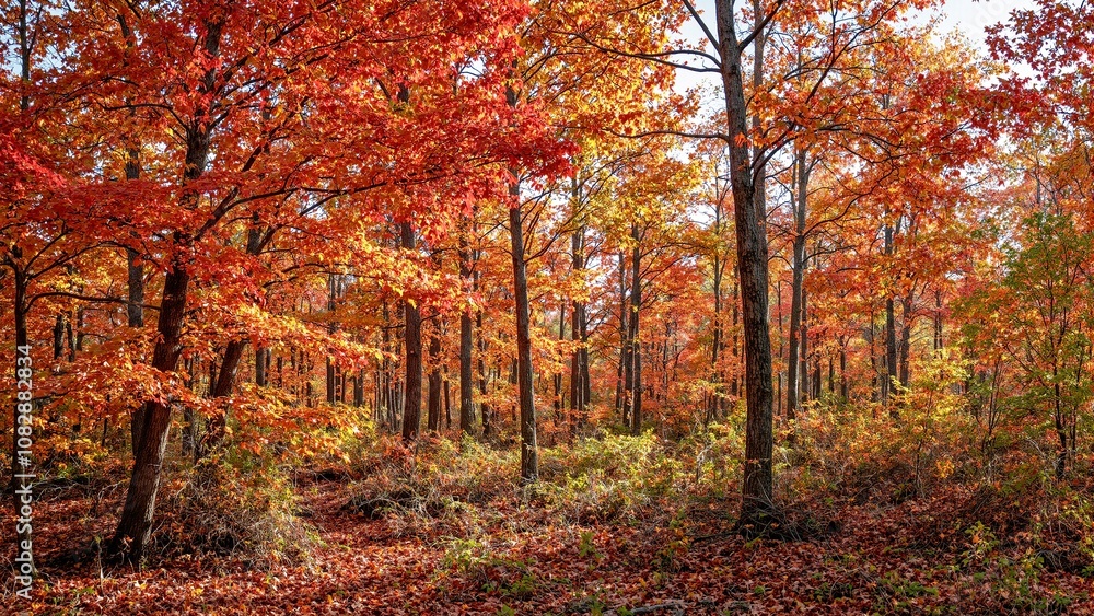 Vibrant autumn forest with fiery leaves and dappled sunlight Vibrant autumn forest with fiery leaves and dappled sunlight