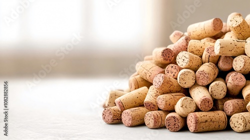 Beautifully arranged wine corks on a wooden table, illuminated by natural light, forming an intricate pattern. Infuses rustic elegance and eco-friendly appeal