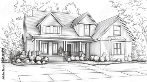 Line art illustration of a house design with a 3D perspective sketch