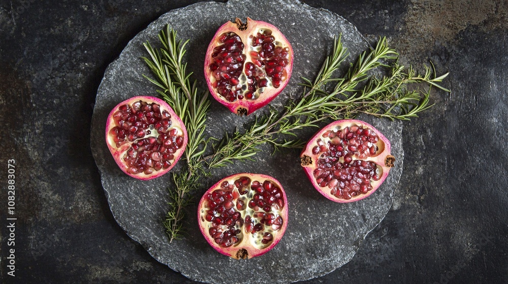 Overhead view of pomegranate halves arranged on a rustic stone plate, surrounded by sprigs of rosemary Overhead view of pomegranate halves arranged on a rustic stone plate, surrounded by sprigs of rosemary