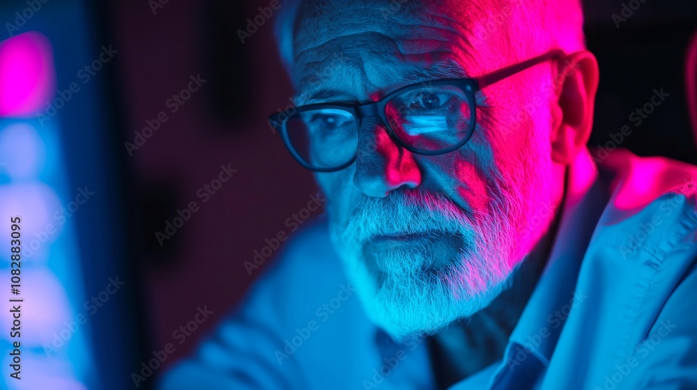 Determined older adult navigating the internet at home digital environment close-up view technology empowerment