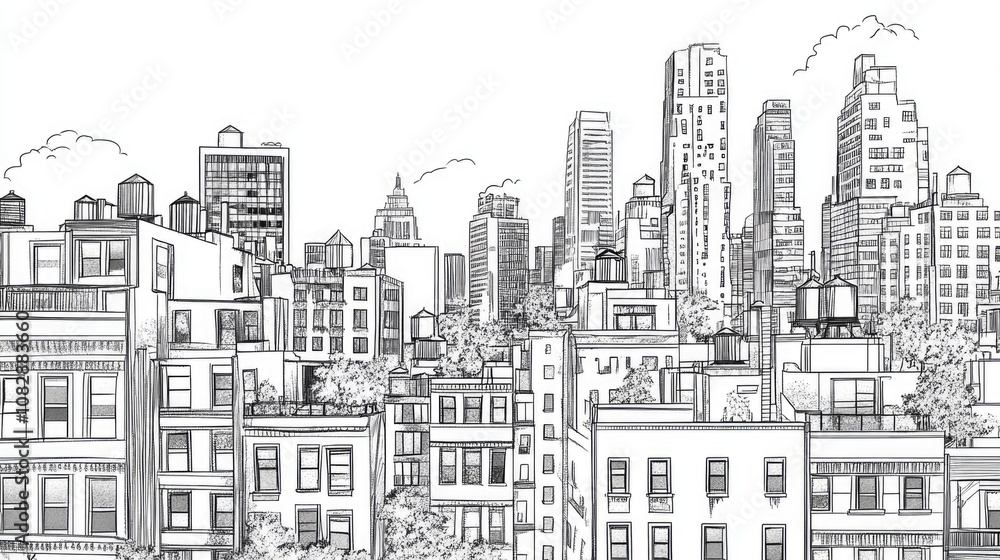 Line art illustration showcasing an elevated view of an urban scene with distinctive architectural elements in the background Line art illustration showcasing an elevated view of an urban scene with distinctive architectural elements in the background