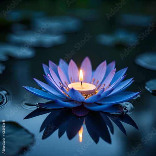 A tranquil lotus blossom illuminated by a candle s glow in a calm water surface, photography of nature concept. photo