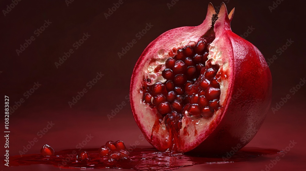 Pomegranate split open, with a dramatic dark isolated background and slight shadow play for intensity