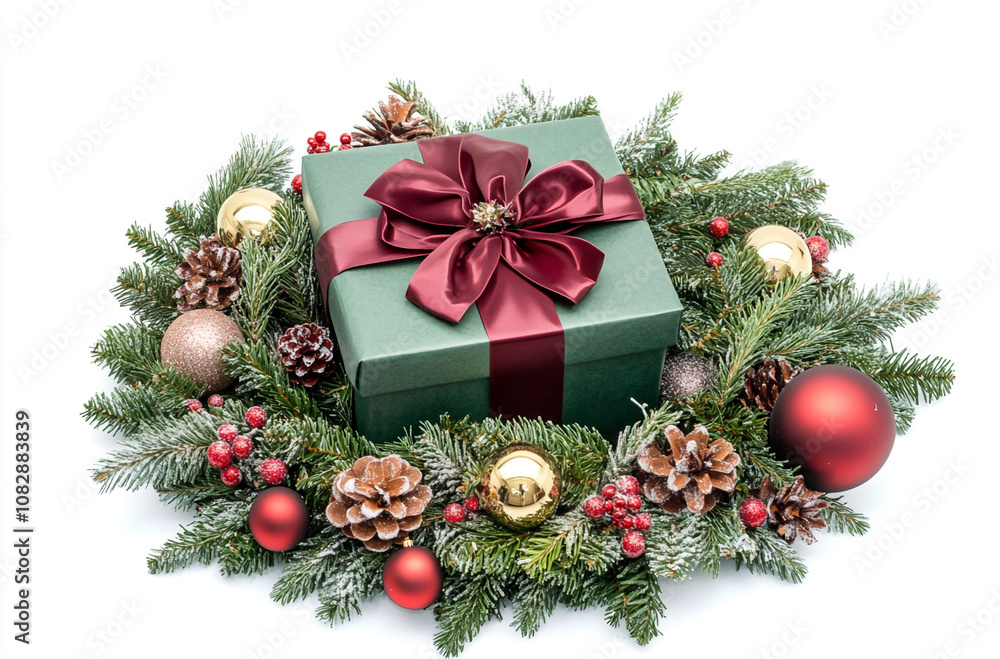 A green gift box with a red ribbon and bow is nestled in a festive wreath of pine branches, ornaments, and berries A green gift box with a red ribbon and bow is nestled in a festive wreath of pine branches, ornaments, and berries
