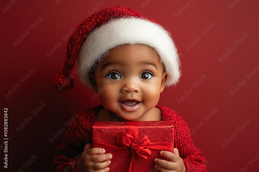 Photo of a happy African American baby boy with a charistmas gift smiling,wearing santa hat on a red background Photo of a happy African American baby boy with a charistmas gift smiling,wearing santa hat on a red background
