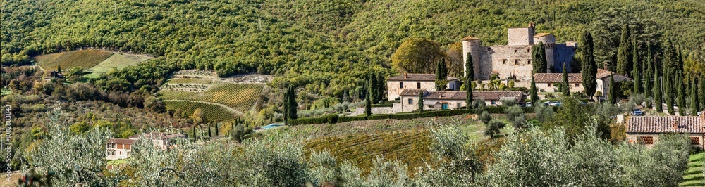 Italy, Tuscany landscape with cypresses. Scenic medieval castle and hotel surrounded by vineyards - Castello di Meleto in Chianti region. Italy, Tuscany landscape with cypresses. Scenic medieval castle and hotel surrounded by vineyards - Castello di Meleto in Chianti region.