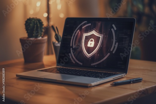 Open laptop displaying a bright red shield with padlock, symbolizing online security and data protection