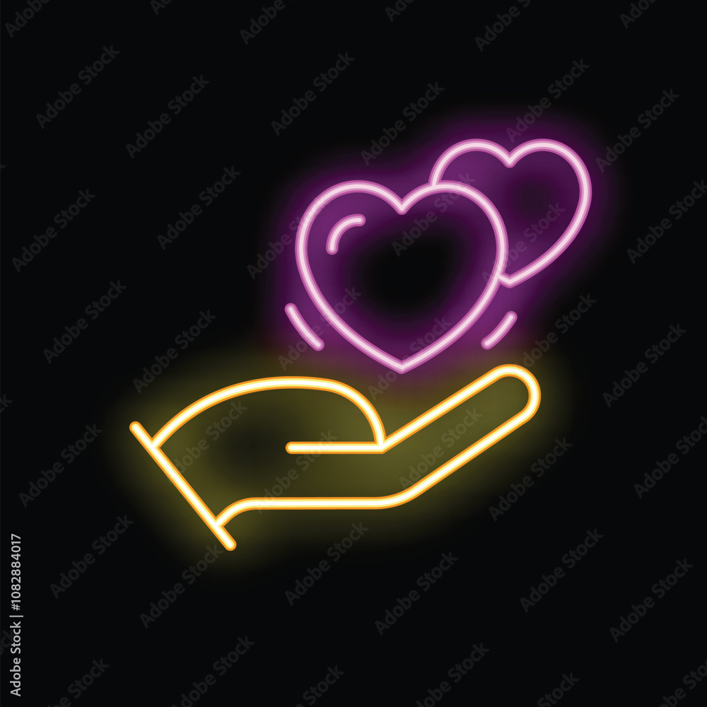 Hand is holding two glowing neon purple hearts on a black background Hand is holding two glowing neon purple hearts on a black background