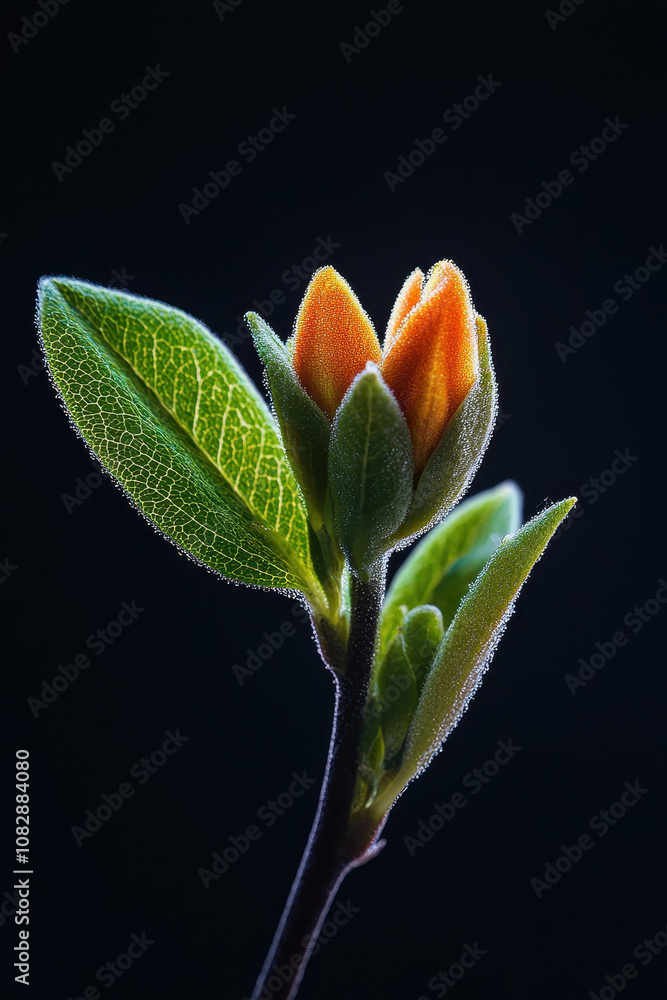 Exquisite Close-Up of a Vibrant Flower Bud with Dew-Kissed Leaves Exquisite Close-Up of a Vibrant Flower Bud with Dew-Kissed Leaves