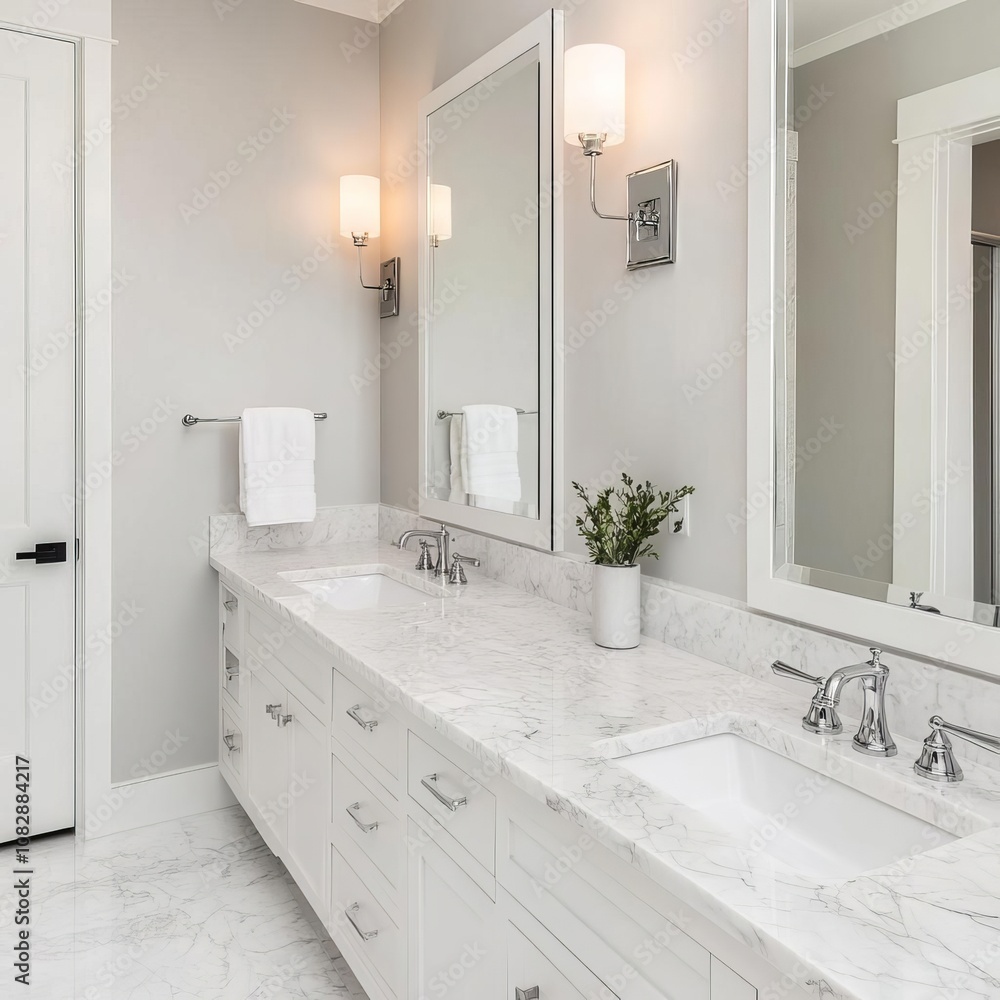 Obraz premium Spacious bathroom with marble countertops, double sinks, large vanity mirror, luxurious and clean aesthetic