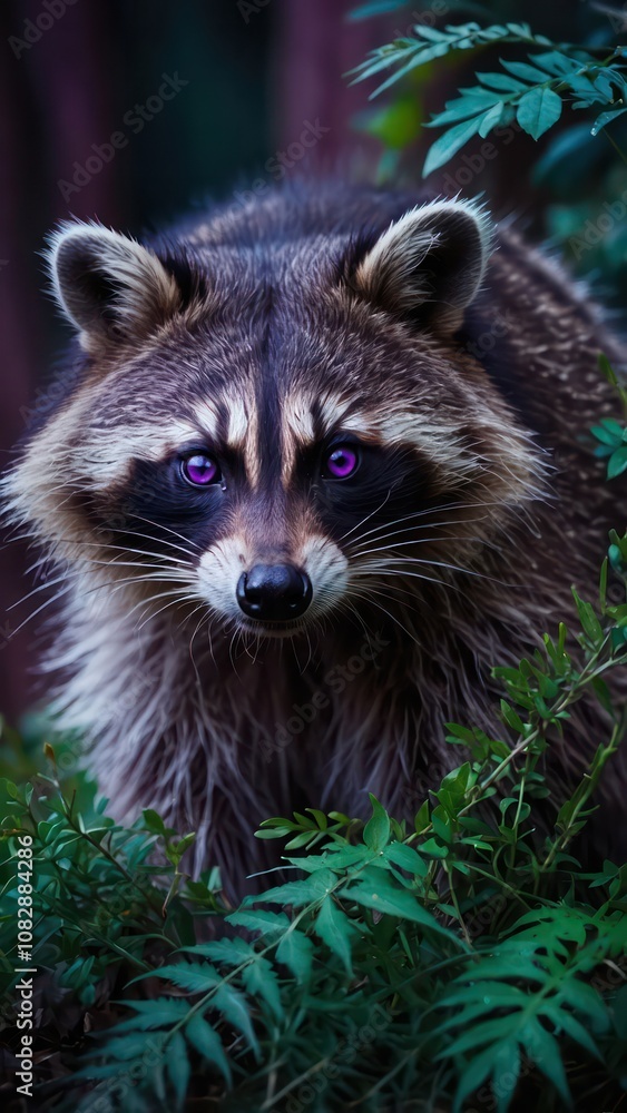 Raccoon With Striking Purple Eyes Navigating Through Lush Green Foliage in the Forest Raccoon With Striking Purple Eyes Navigating Through Lush Green Foliage in the Forest