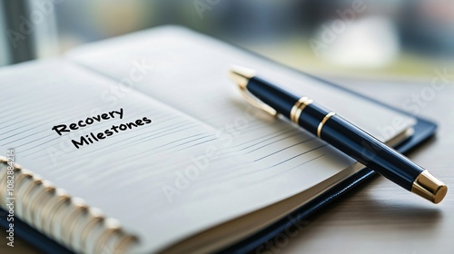 Wallpaper Mural Notebook showing recovery milestones written with black ink next to elegant pen, rehabilitation and addiction concept Torontodigital.ca