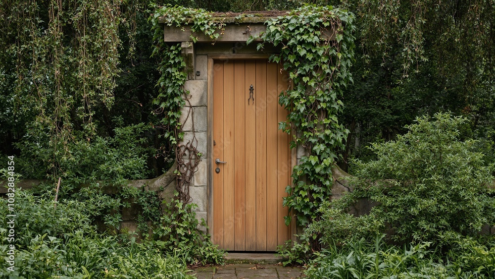 Rustic wooden door surrounded by lush green vines in a tranquil garden setting Rustic wooden door surrounded by lush green vines in a tranquil garden setting