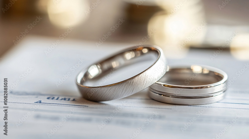 Two wedding bands rest on a marriage certificate, symbolizing the start of an enduring partnership Two wedding bands rest on a marriage certificate, symbolizing the start of an enduring partnership