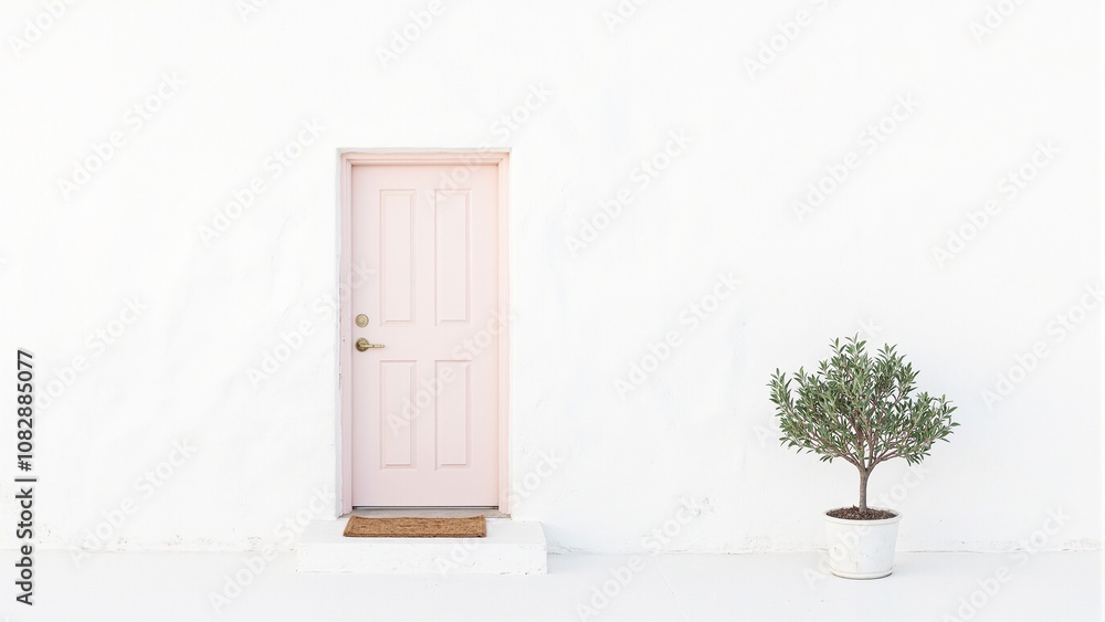 Tranquil front door with olive tree on white wall in bright light Tranquil front door with olive tree on white wall in bright light