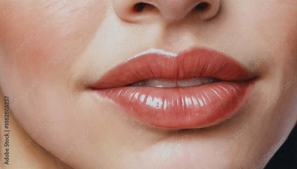 Fototapeta premium Close-up of a woman's lips with a soft expression on a neutral background