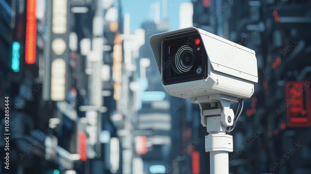 Public surveillance camera monitoring urban street scene high-tech environment city life security perspective modern society impact Public surveillance camera monitoring urban street scene high-tech environment city life security perspective modern society impact