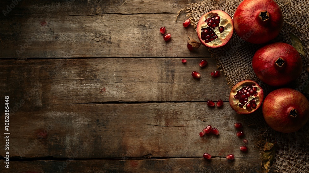 Whole and halved pomegranates on a rustic wooden table with burlap and scattered pomegranate seeds around Whole and halved pomegranates on a rustic wooden table with burlap and scattered pomegranate seeds around