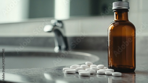 Amber medicine bottle and scattered white pills sit on a bathroom sink, emphasizing medication and healthcare concepts photo