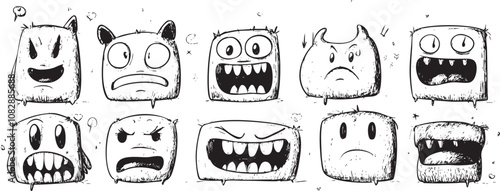 Playful hand-drawn monster emoticons in a simple, doodle line art style, conveying a range of emotions, ideal for adding a fun element to any design