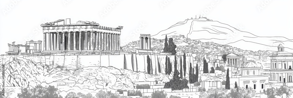Fototapeta premium Elegant line art depicting the Acropolis, Parthenon, and Athenian cityscape. Symbolizes history, architecture, Greece, travel, and culture.