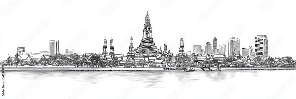 Fototapeta premium Single line art drawing of Bangkok Thailand, featuring Wat Arun, river, city buildings. Elegant, minimalist, travel, landmark, architecture.