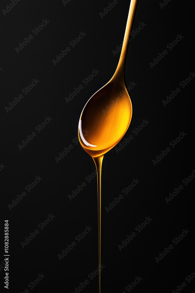 Golden Honey Dripping from a Spoon: Captivating Culinary Art Photography on Black Background Golden Honey Dripping from a Spoon: Captivating Culinary Art Photography on Black Background