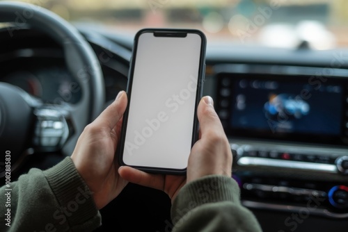 Hands holding smartphone with white screen mockup inside car, ideal for showcasing online applications