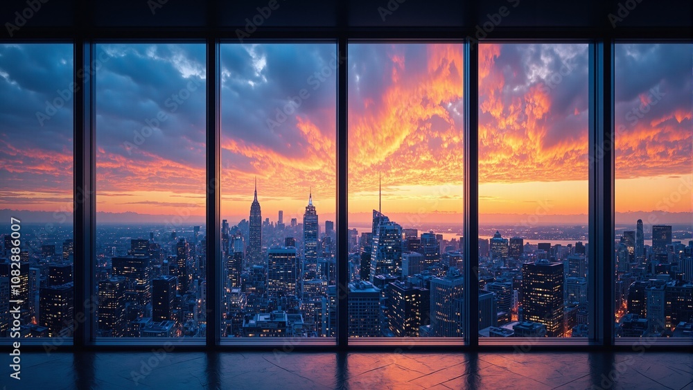 Fototapeta premium Vibrant sunset through panoramic window over city skyline in HDR