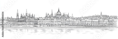 Single line drawing of Budapest, Hungary, showcasing the iconic Parliament building and Danube River.  Elegant, minimalist, cityscape.