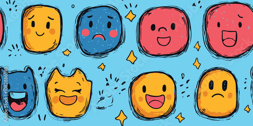 Vibrant collection of hand-drawn emoticons showcasing a range of feelings, from joy and laughter to sadness and anger, adding a playful touch to communication