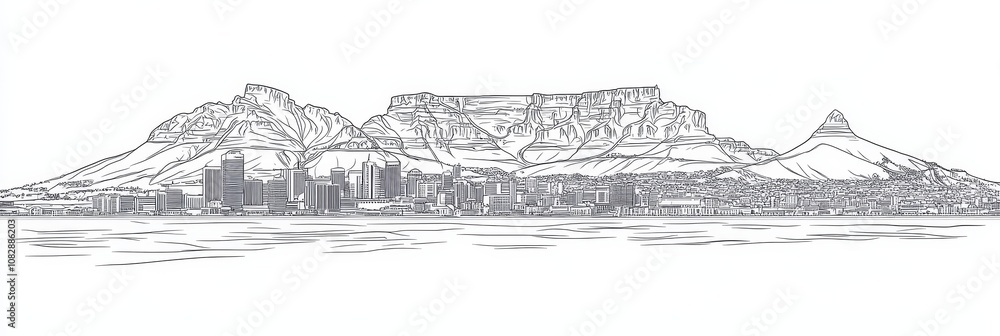 Obraz premium Stunning single-line illustration of Cape Town, South Africa, featuring Table Mountain, Lion's Head, and the city skyline. Elegant, minimalist design.