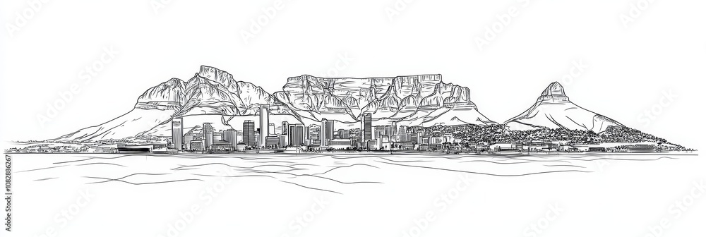 Obraz premium Stunning single-line drawing of Cape Town, South Africa, showcasing Table Mountain, cityscape, ocean, and Lion's Head. Elegant minimalist design.