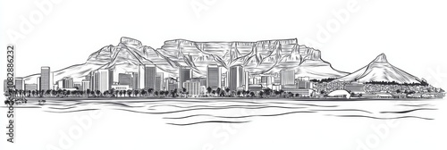 Stunning single-line art of Cape Town, South Africa.  Showcases Table Mountain, city buildings, ocean, and iconic landmarks. Represents travel, tourism, cityscape, nature, and African culture.