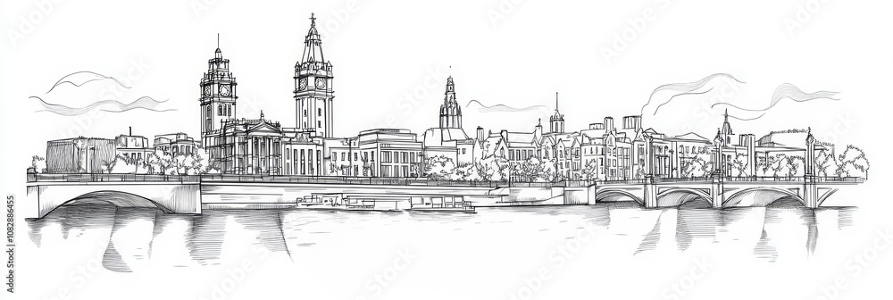 Obraz premium Elegant single-line drawing of Dublin, Ireland cityscape, featuring iconic buildings, bridges, and river Liffey. Captures architecture, city, travel, and art.