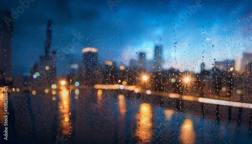 rainy cityscape at night through windowpane photo