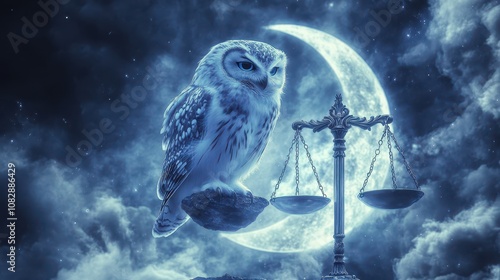 Wisdom of Balance: A Cosmic Owl on a Crescent Libra Scale with Yin-Yang Energies and Justice Runes. Perfect for Spiritual Law and Mindful Coaching. High-Resolution Feathers.
