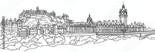 Elegant line art depicting Edinburgh Castle, cityscape, and bridge.  Scottish heritage, architecture, travel, city, history.