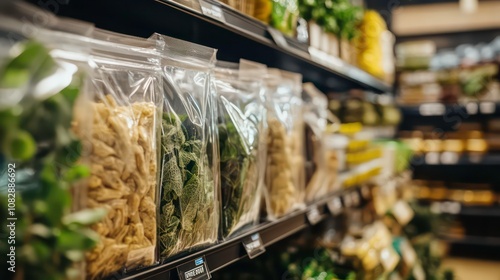 Close-up of biodegradable plant-based packaging being used in a grocery store, alternative to plastic photo