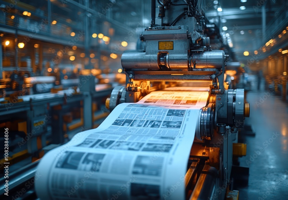 Here's a possible and keyword list for your image... Newspaper printing press in action. Here's a possible and keyword list for your image... Newspaper printing press in action.