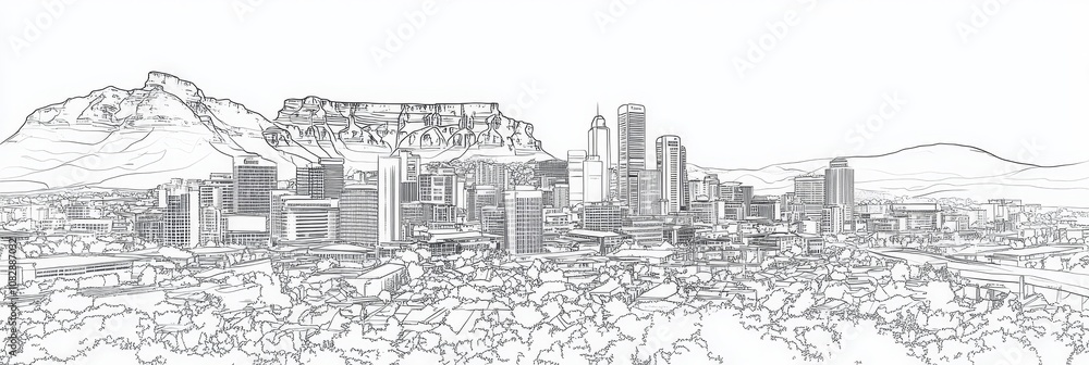 Single-line art depicting Johannesburg cityscape, Table Mountain, urban landscape, architecture, South Africa. Single-line art depicting Johannesburg cityscape, Table Mountain, urban landscape, architecture, South Africa.
