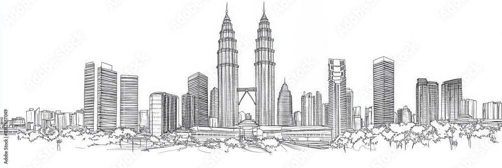 Obraz premium Elegant line art depicting Kuala Lumpur's iconic skyline, featuring the Petronas Towers, modern architecture, and lush greenery. Symbolizes progress, modernity, tourism, and Malaysian culture.