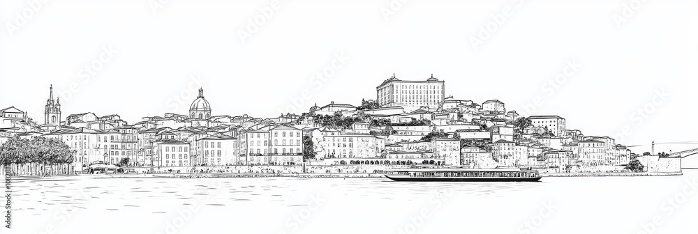 Elegant single-line drawing of Lisbon, Portugal, showcasing its historic architecture, cityscape, river, and boat. Evokes travel, history, and urban beauty. Elegant single-line drawing of Lisbon, Portugal, showcasing its historic architecture, cityscape, river, and boat. Evokes travel, history, and urban beauty.