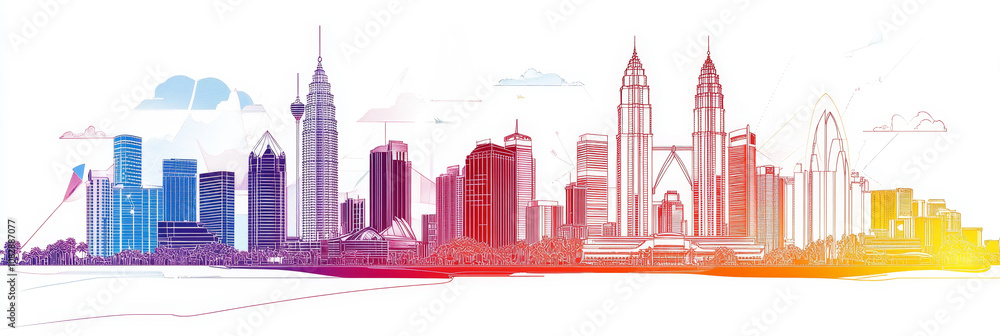 Obraz premium Colorful single-line art depicting Kuala Lumpur's iconic skyline, showcasing modernity, culture, tourism, architecture, and urban development.
